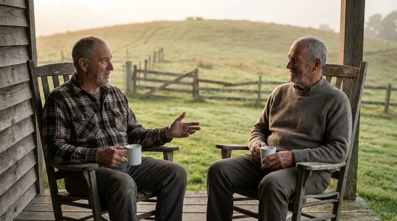 Two men in their sixties talking in rocking chairs on a porch with mugs of coffee