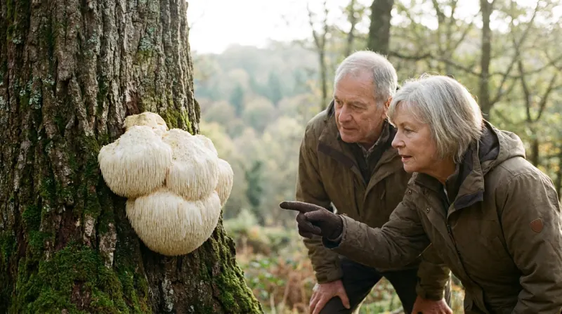 A white shaggy lion's mane mushroom growing on the trunk of an old oak at the edge of a wood
