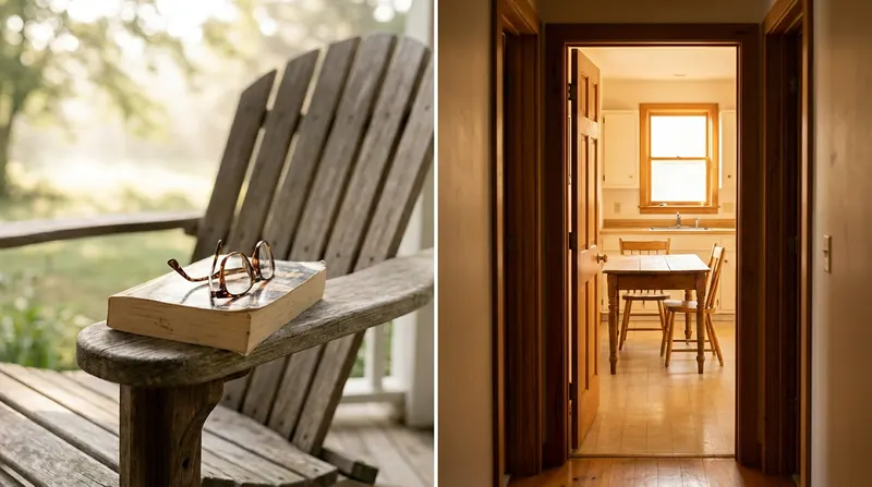 Split image: an open paperback and reading glasses on a porch chair, and a doorway into a sunlit empty kitchen