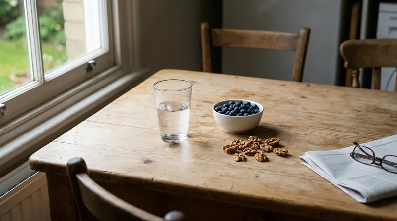 A glass of water, a bowl of blueberries and some walnuts on a kitchen table by a window