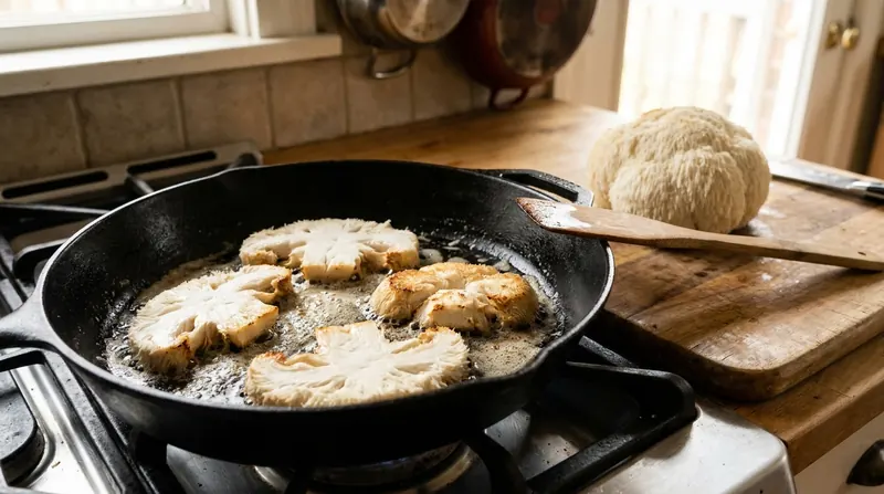 Thick slices of white lion's mane mushroom browning in butter in a cast-iron skillet