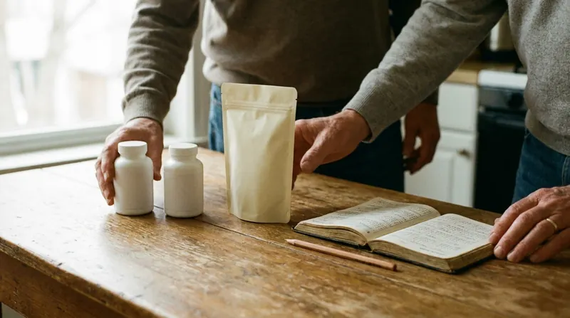 Two small white bottles and a cream pouch beside a pocket calendar and a pencil on a wooden table