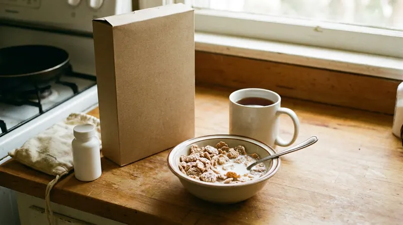 A bowl of frosted cereal beside its box, a mug of tea, a small white bottle and a cream pouch on a kitchen counter