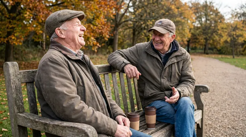 Two men in their sixties laughing and talking on a park bench with paper cups of coffee