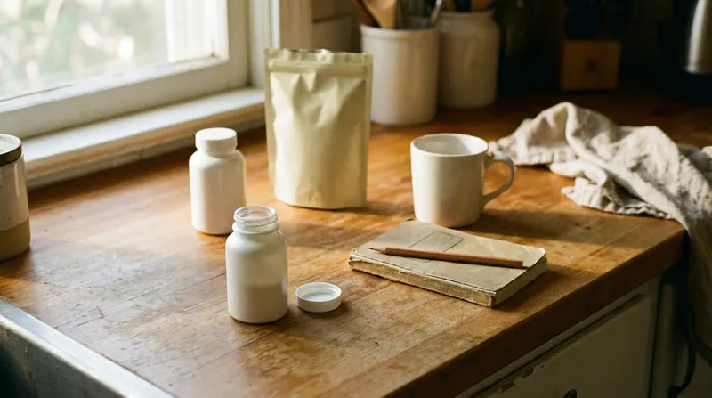 A kitchen counter with one open white bottle, a sealed bottle and pouch behind it, an empty mug and a closed notebook with a pencil