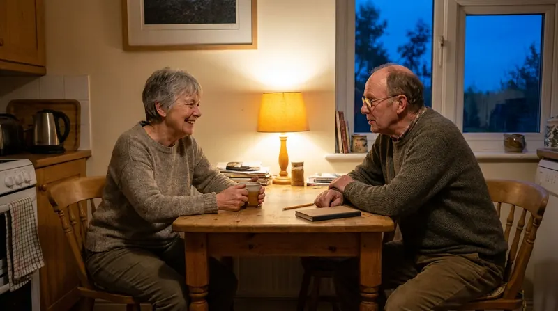 An older married couple talking across a kitchen table in the evening, a small notebook by the man's hand