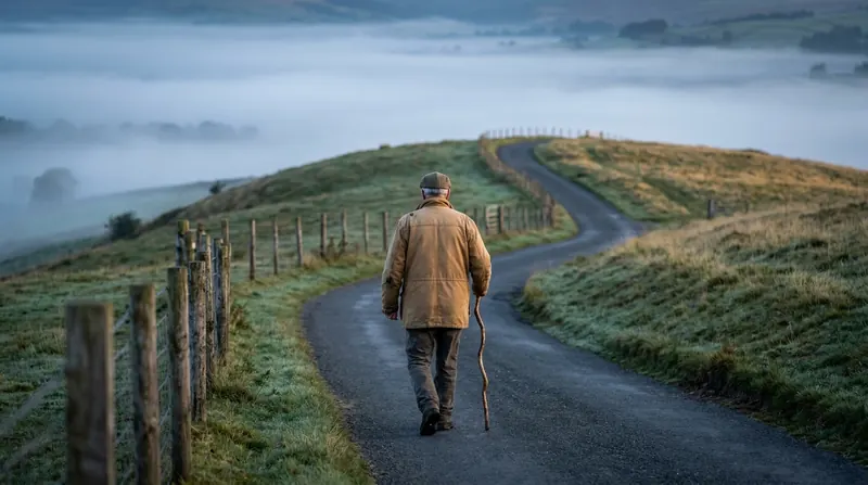 A man in his sixties walking with a stick up a quiet hilltop road in the early morning mist