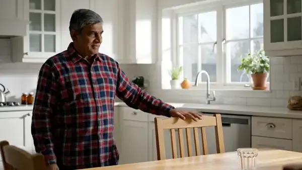 A man in his sixties pausing in his kitchen with one hand on a chair, then picking up his reading glasses from the table