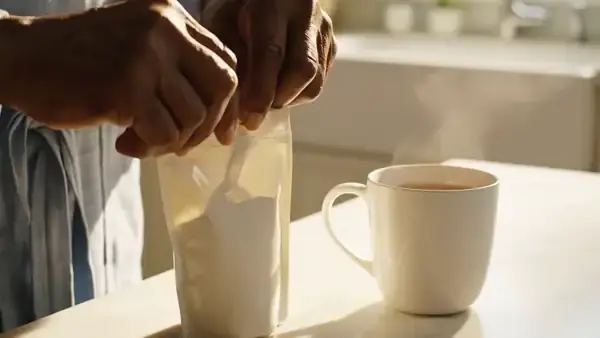 A man's hands leveling a small spoon of pale powder from a cream pouch and tipping it into a mug of tea