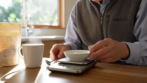 A man in his sixties weighing a small dish of pale powder on a kitchen scale beside a mug of tea