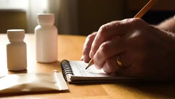 A man's hands writing a short column of figures on a notepad beside two small white bottles and a cream pouch