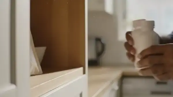 A man's hands placing one small white bottle at the front of a cupboard shelf and pushing a sealed bottle and pouch to the back
