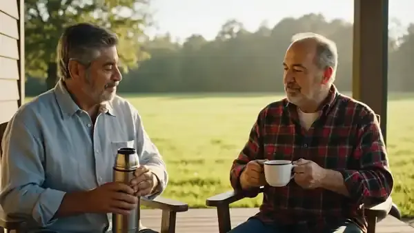 Two men in their sixties on a porch, one pouring coffee from a thermos into the other's mug