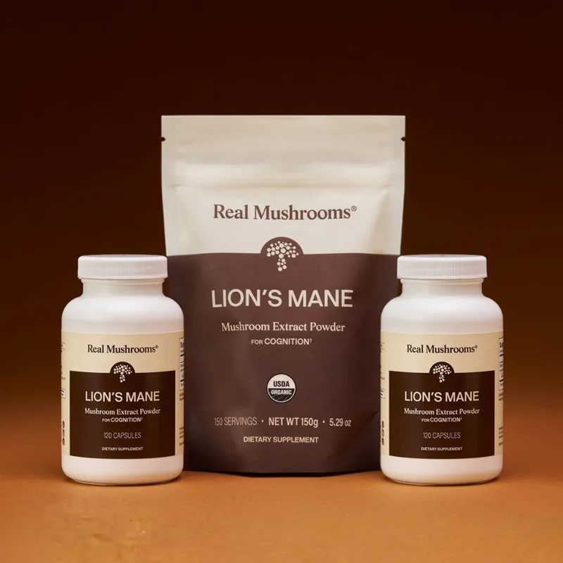 The Lion's Mane Focus Bundle from Real Mushrooms, two bottles of capsules and a pouch of powder, from the seller's photograph